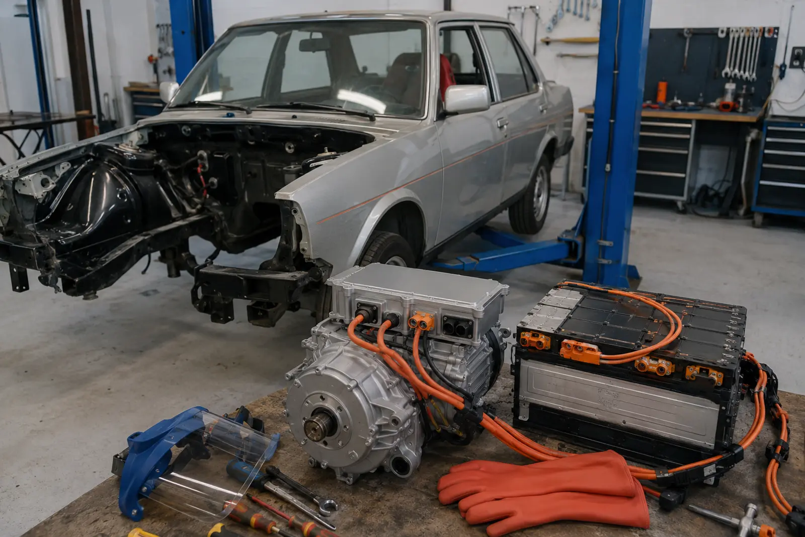 Elektrikli otomobil dönüşümünde kullanılan motor, kontrol ünitesi, batarya paketi ve turuncu yüksek gerilim kabloları
