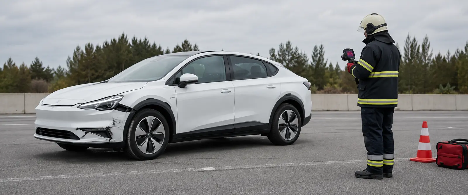 Hafif hasarlı beyaz elektrikli otomobili termal kamerayla kontrol eden görevli