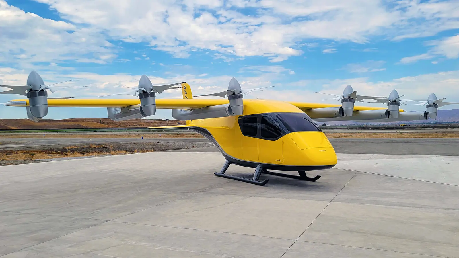 Sarı Wisk Generation 6 otonom eVTOL test pistinde önden görünüm